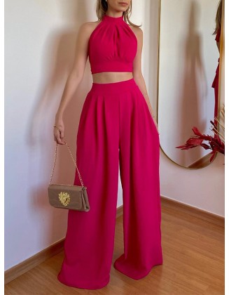 Solid Color Pleated Split-Joint Backless High Neck Vest + High Waisted Loose Pants Trousers Two Pieces Set