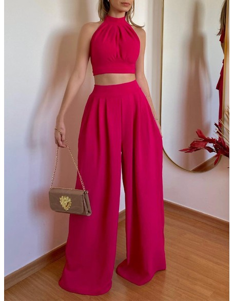 Solid Color Pleated Split-Joint Backless High Neck Vest + High Waisted Loose Pants Trousers Two Pieces Set