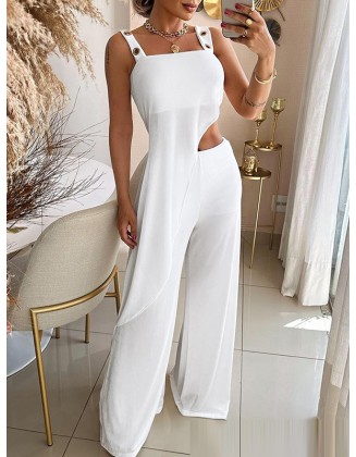 Asymmetric Loose Sleeveless Hollow Collarless  Vest Top + Wide Leg Pants Bottom Two Pieces Set