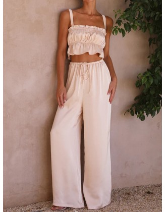 Elasticity Pleated Solid Color Spaghetti-Neck Tops + High Waisted Drawstring Pants Trousers Two Pieces Set