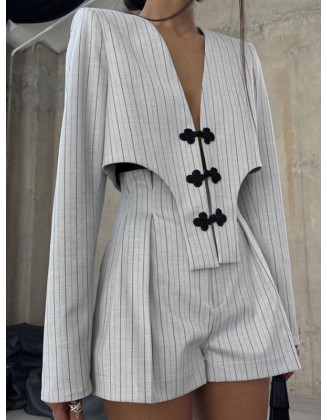 Long Sleeves Knot Split-Joint Striped Deep V-Neck Blouse + High Waisted Pleated Wide Leg Shorts Two Pieces Set