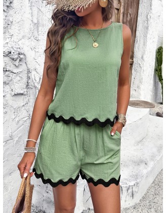 Loose Sleeveless Split-Joint Round-neck Vest + Wide Leg Shorts Two Pieces Set