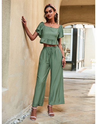 Casual High Waisted Solid Color U-Neck Two Pieces Set