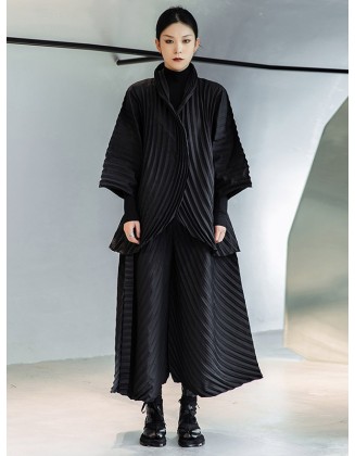 Urban Solid Color Pleated Outerwear&Pants Two Pieces Set