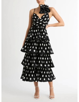 Layered Pleated Polka-Dot Ruffle Trim Split-Joint Three-Dimensional Flower Zipper High Waisted Sleeveless Spaghetti-Neck Midi Dresses