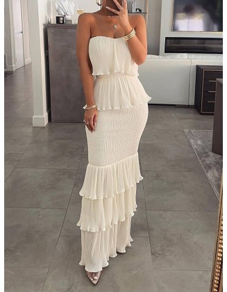 Elasticity Pleated Split-Joint Bodycon Sleeveless Tube Maxi Dresses