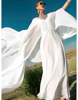 White V-Neck Evening Dress