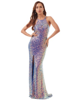 Halter Split Side Sequins Evening Dress