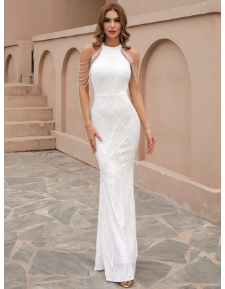 Evening Sleeveless Wrap Sequined Dress