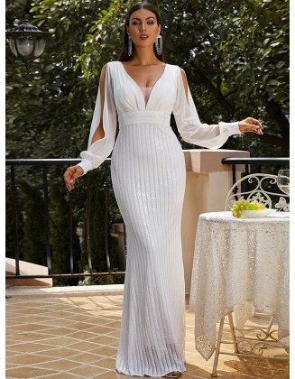 Evening Long Sleeves Wrap Solid V-Neck Dress