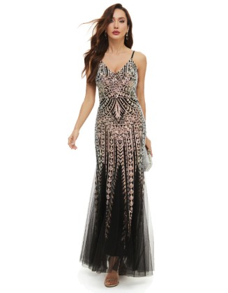 Evening Sleeveless Embroidered Solid Color V-Neck Maxi Dress