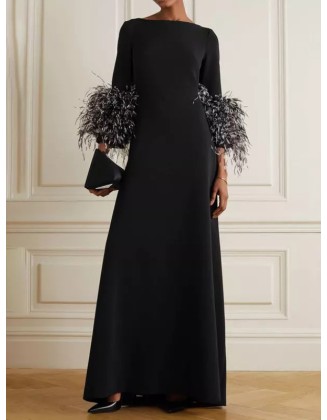 Elegant Simple Black And White Feather Long Sleeve Party Dress