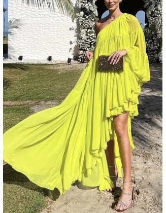 Irregularity Loose Pleated Solid Color One-Shoulder Maxi Dresses