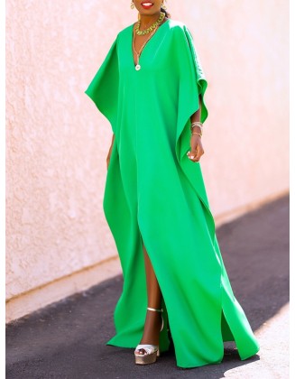 Batwing Sleeves Loose Solid Color Split-Side V-Neck Maxi Dresses