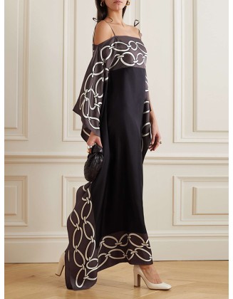 Bandage Contrast Color Printed Loose Spaghetti-Neck Maxi Dresses