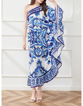 Asymmetric Falbala Floral Printed Batwing Sleeves Loose One-shoulder Midi Dresses