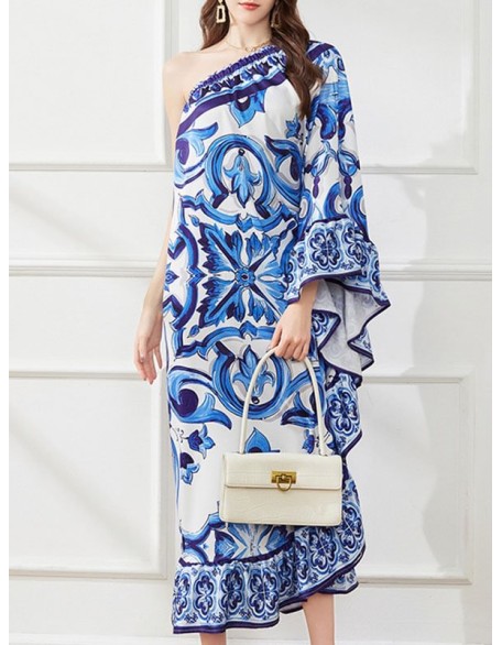 Asymmetric Falbala Floral Printed Batwing Sleeves Loose One-shoulder Midi Dresses