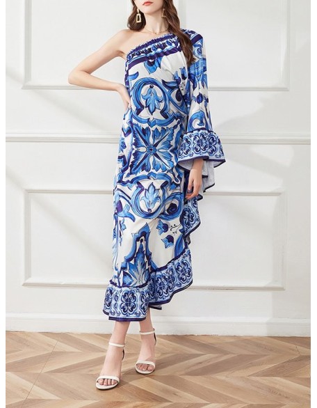 Asymmetric Falbala Floral Printed Batwing Sleeves Loose One-shoulder Midi Dresses