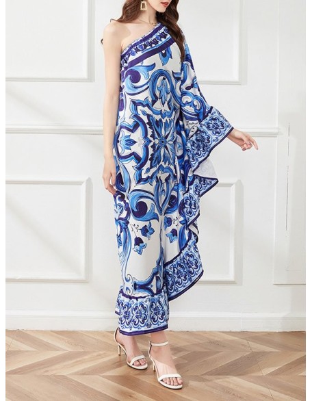 Asymmetric Falbala Floral Printed Batwing Sleeves Loose One-shoulder Midi Dresses