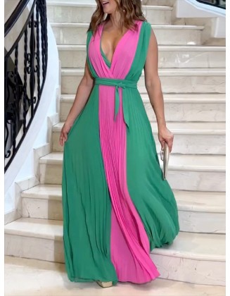 Contrast Color Pleated Sleeveless V-neck Maxi Dresses