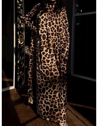 Leopard Flared Sleeves Long Sleeves High-neck Maxi Dresses