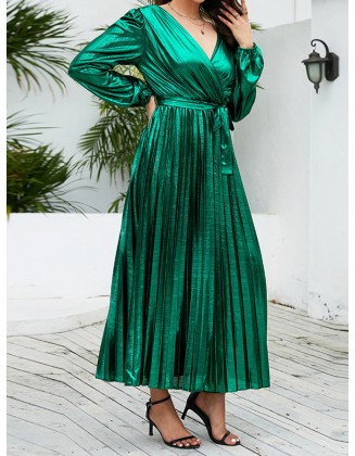 Bronzing Elasticity Pleated Solid Color Tied Waist High Waisted Long Sleeves Deep V-Neck Maxi Dresses