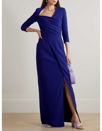 Asymmetric Pleated Solid Color Split-side Zipper Long Sleeves Skinny Maxi Dresses Evening Dresses