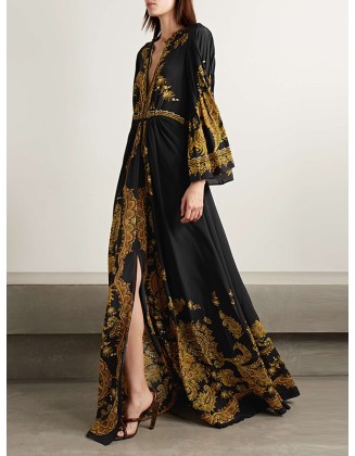 Contrast Color Printed Split-Front Flared Sleeves Loose Maxi Dresses