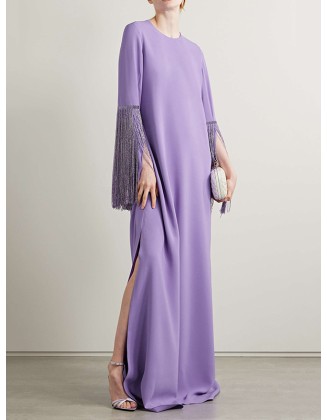 H-Line Long Sleeves Solid Color Split-Side Tasseled Round-Neck Maxi Dresses