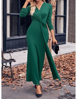 Bowknot Solid Color Bodycon Long Sleeves V-neck Maxi Dresses