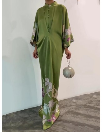 Batwing Sleeves Loose Floral Printed Muslim Pleated Stand Collar Maxi Dresses