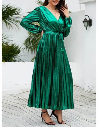 Bronzing Elasticity Pleated Solid Color Tied Waist Long Sleeves Loose V-Neck Midi Dresses