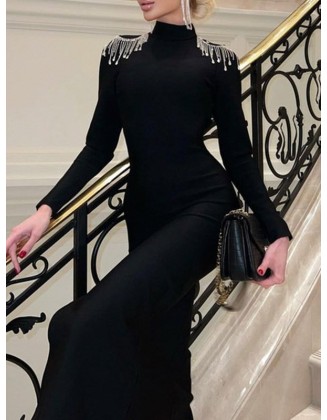 Back Cross Split-side Tasseled Long Sleeves Skinny High Neck Midi Dresses Evening Dresses