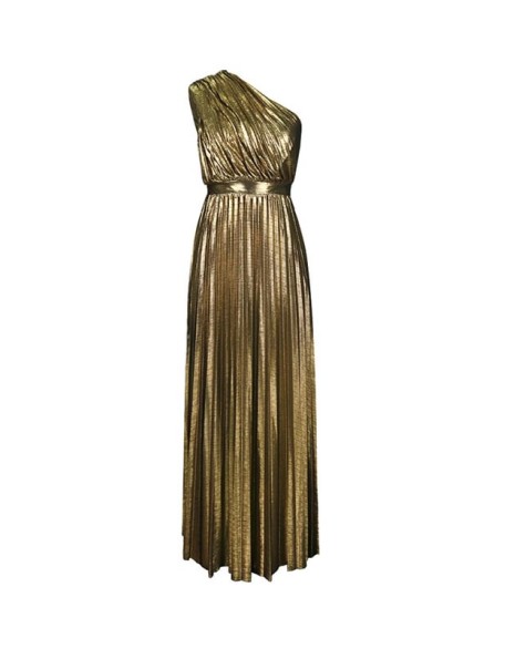 Asymmetric Pleated Shiny Solid Color High Waisted Loose One-shoulder Maxi Dresses