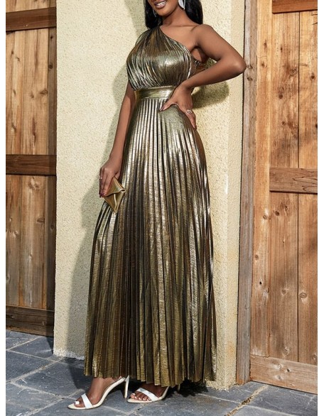 Asymmetric Pleated Shiny Solid Color High Waisted Loose One-shoulder Maxi Dresses