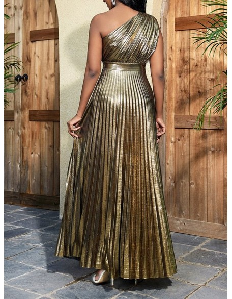 Asymmetric Pleated Shiny Solid Color High Waisted Loose One-shoulder Maxi Dresses