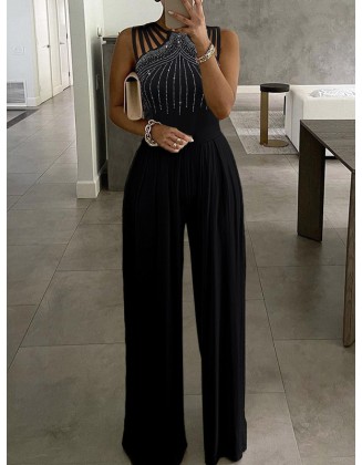 Hollow Rhinestone Sleeveless Wide Leg Jumpsuits