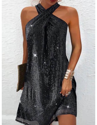 Hollow Sequined Solid Color A-Line Loose Halter-Neck Mini Dresses