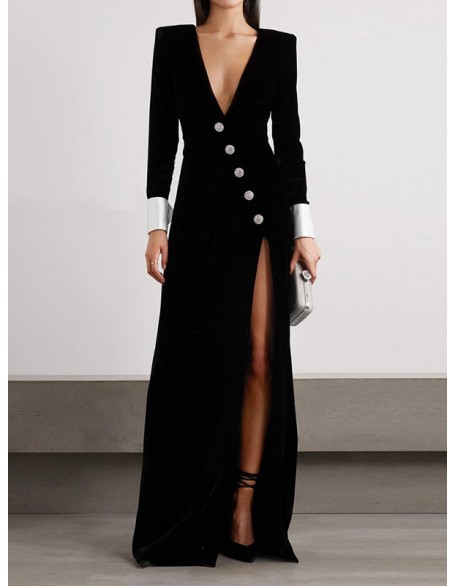 Asymmetric Buttoned Shoulder Pad Split-Front Long Sleeves Skinny Deep V-Neck Maxi Dresses