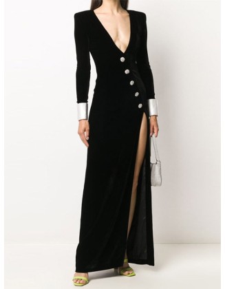 Asymmetric Buttoned Shoulder Pad Split-Front Long Sleeves Skinny Deep V-Neck Maxi Dresses