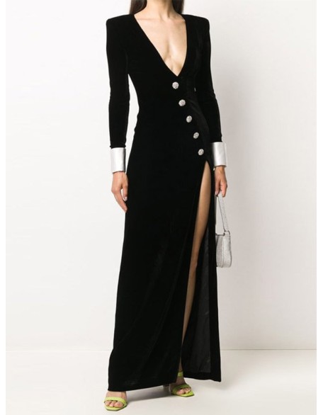 Asymmetric Buttoned Shoulder Pad Split-Front Long Sleeves Skinny Deep V-Neck Maxi Dresses