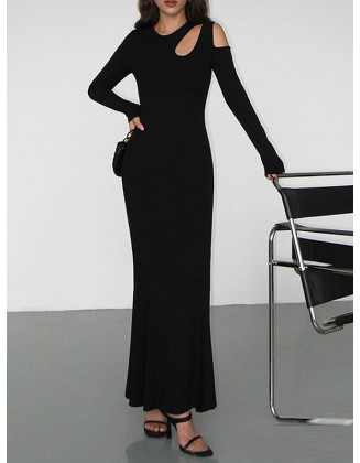 Hollow Solid Color Long Sleeves Skinny Cold Shoulder Maxi Dresses