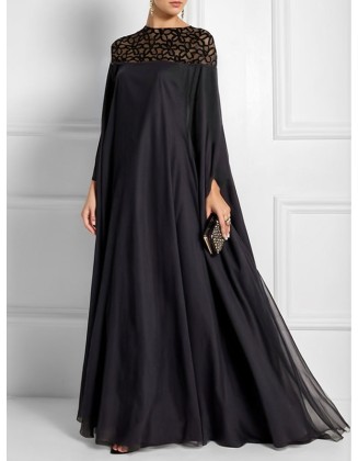 Batwing Sleeves Loose Jacquard See-Through Solid Color Split-Joint Three-Dimensional Flower Round-Neck Maxi Dresses