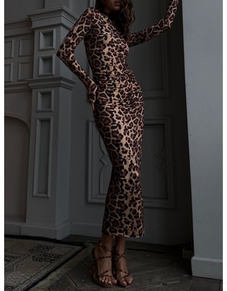 Leopard Printed Bodycon Long Sleeves Round-Neck Maxi Dresses