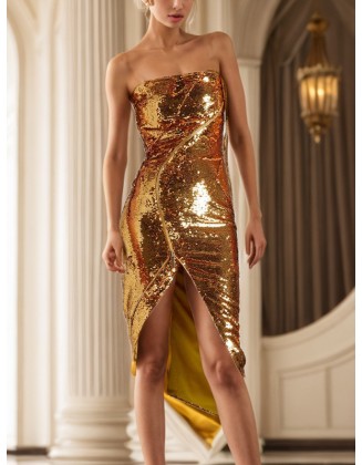 Asymmetric Sequined Shiny Zipper Bodycon High Waisted Tube Midi Dresses