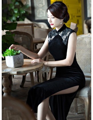 Black Velvet Lace Long Cheongsam Dress