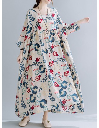 Casual Floral Printed Split-Joint Round-Neck Flared Batwing Sleeves Loose Maxi Dress