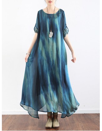 Artistic Retro 2 Pieces Printed Round-Neck Loose Maxi Dress