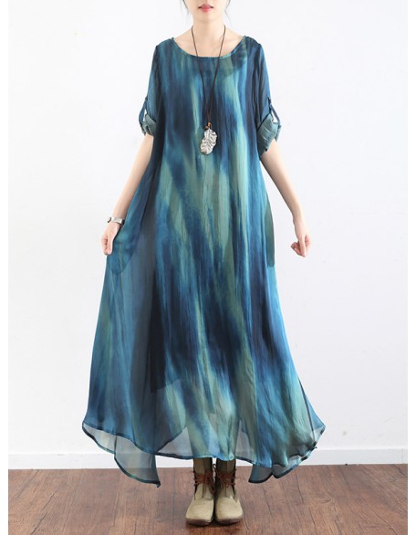 Artistic Retro 2 Pieces Printed Round-Neck Loose Maxi Dress