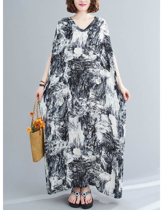 Ethnic Printed Vintage Plus Size V-Neck Loose Casual Dress